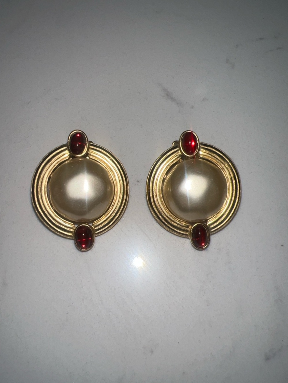 Carolee Gold-Tone Pearl Dome Earrings with Red Cabochon Accents